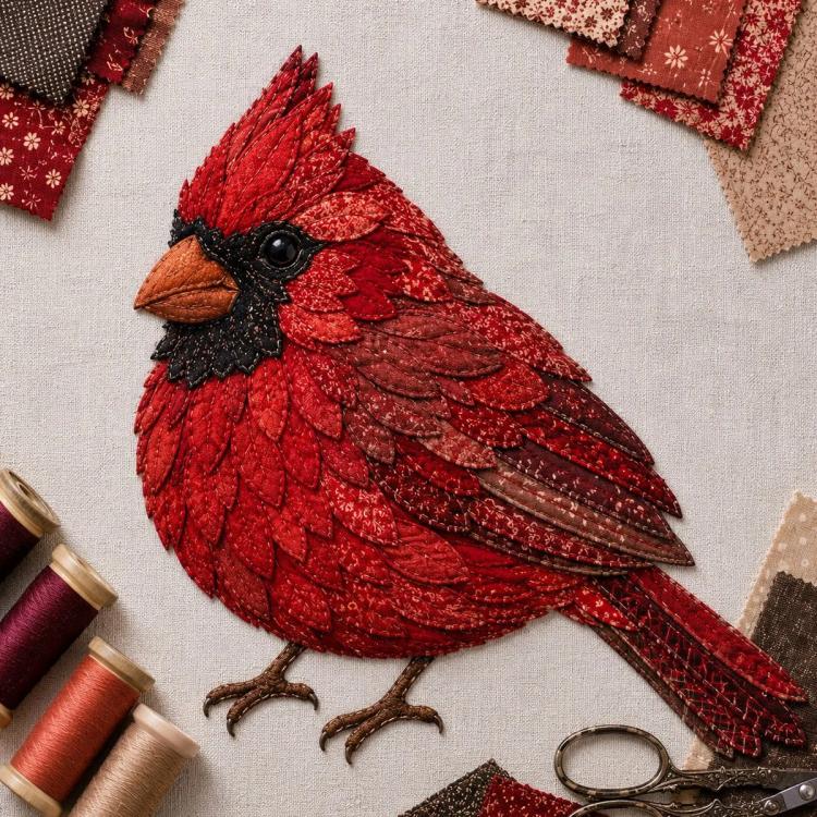 3D patchwork cardinal bird applique, bright red layered feathers on fabric