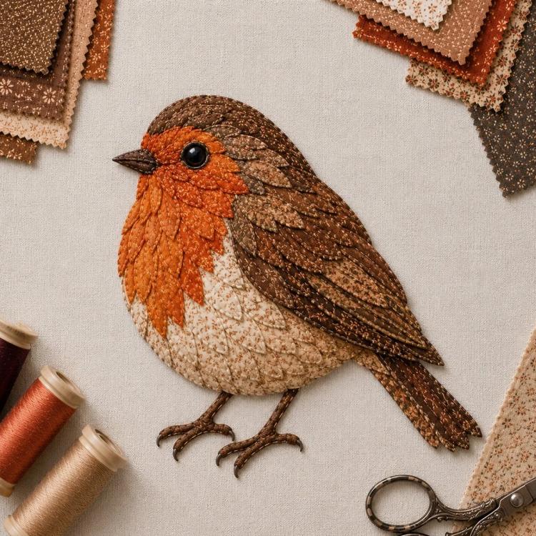 3D patchwork sparrow bird applique, orange and brown layered feathers on fabric