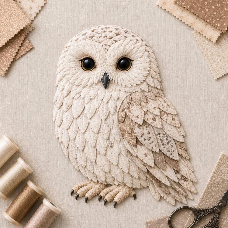 3D patchwork owl applique, cream layered feathers with golden eyes on fabric