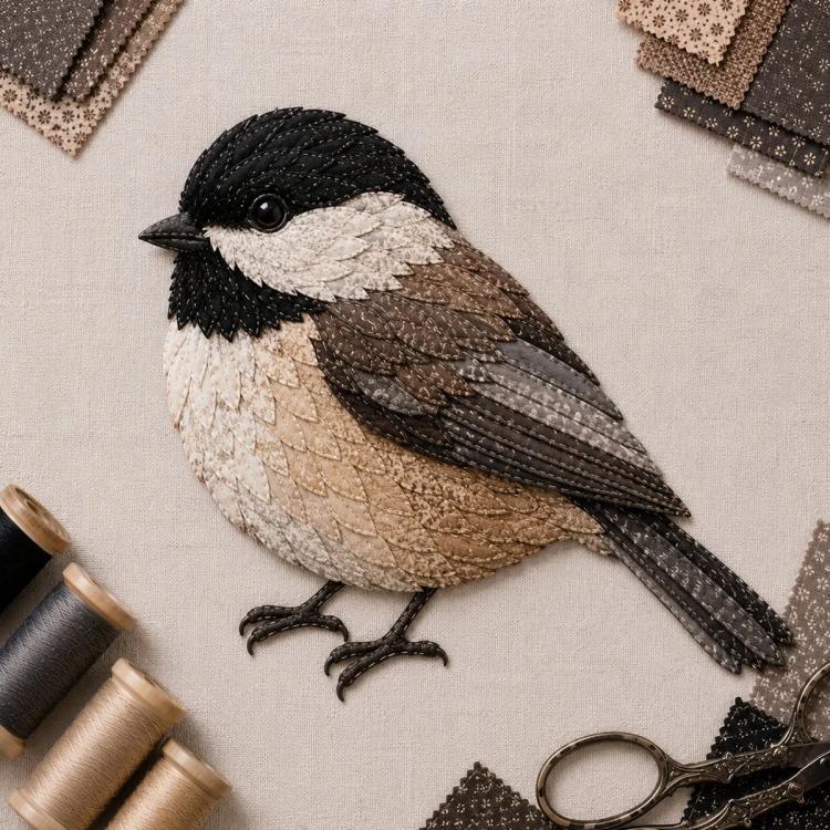 3D patchwork bird applique, black and brown layered feathers with white accents