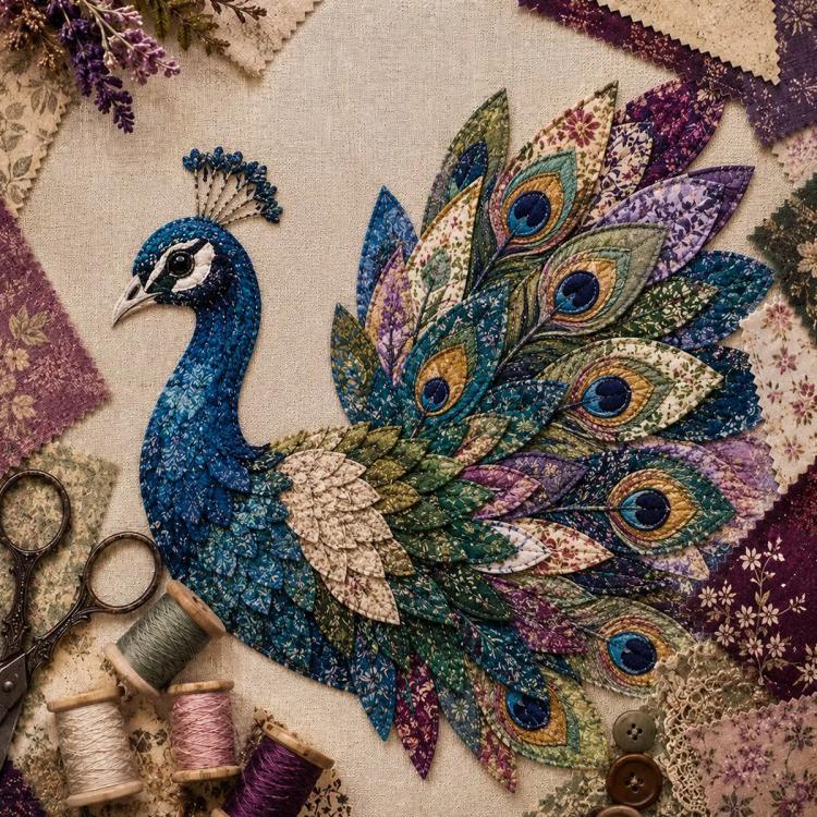 3D patchwork peacock bird applique, blue body with peacock-feather wing patterns