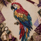 3D patchwork parrot bird applique, red head and blue-green tail feathers on fabric
