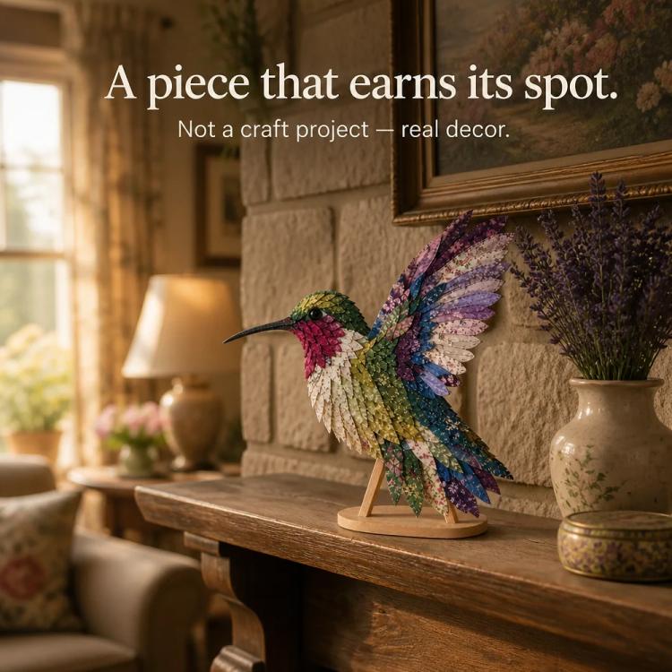 Patchwork hummingbird decor figurine with multicolor layered wings on tabletop