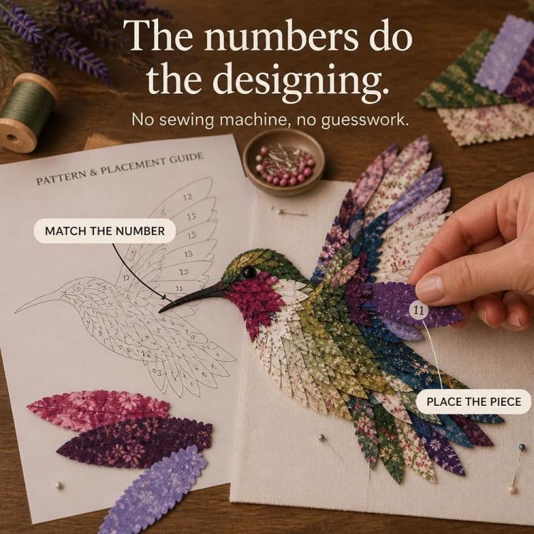 DIY patchwork bird craft kit placement step with fabric bird and numbered guide