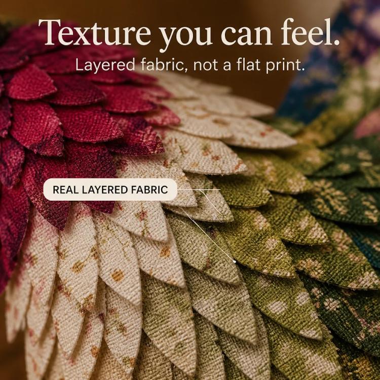 Layered patchwork fabric bird wing pieces with textured shapes in multicolor