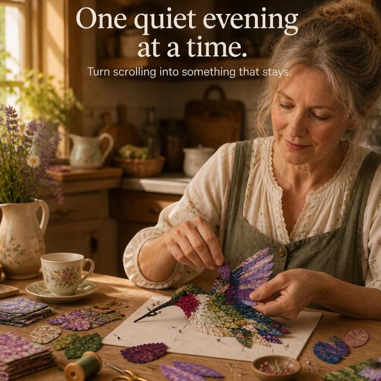 Person assembling layered patchwork hummingbird on a pattern sheet with fabric pieces
