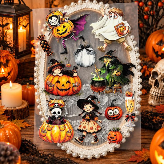 Halloween cartoon sticker sheet with pearl border, kids in witch and pumpkin outfits