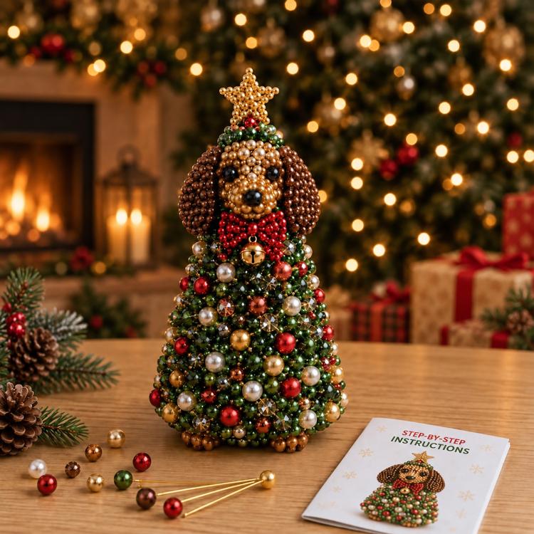 DIY beaded animal tree decoration with brown and red beads, gold star top
