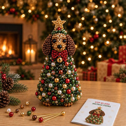 DIY beaded animal tree decoration with brown and red beads, gold star top