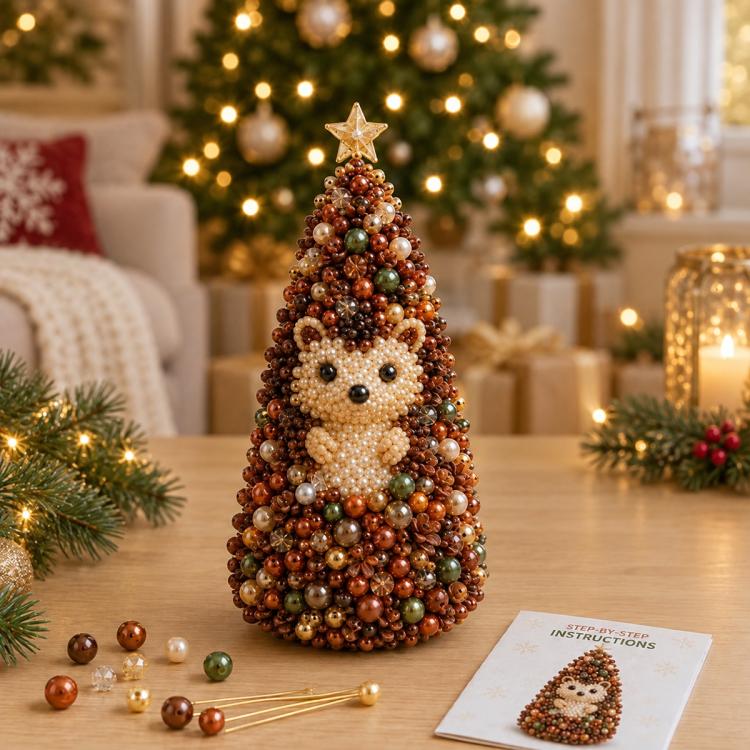 DIY beaded animal tree decoration with teddy-bear face, brown beads and gold star