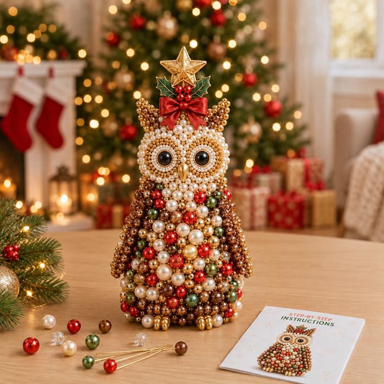 DIY beaded owl tree decoration with big round eyes, red bow and green beads