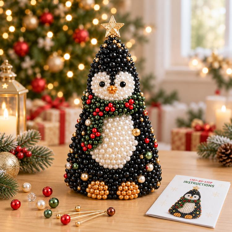 DIY beaded penguin tree decoration with black-and-white beads and red accents