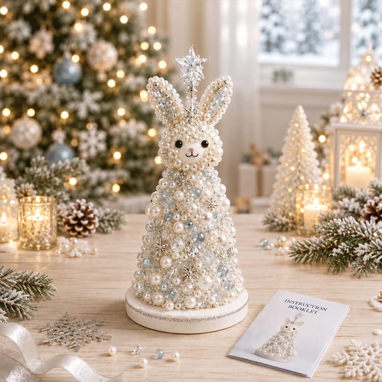 DIY beaded rabbit tree decoration in white pearls with silver star top