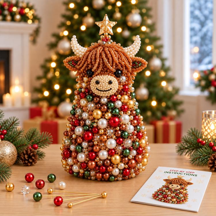 DIY beaded animal tree decoration with pony-like face, multicolor beads and gold star