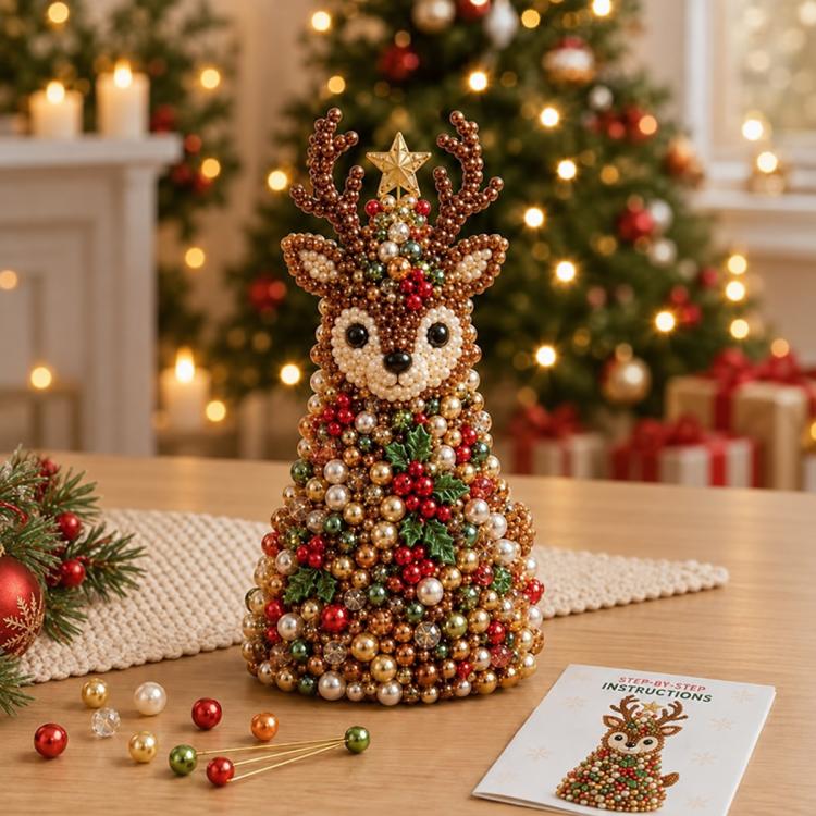 DIY beaded deer tree decoration with antlers, multicolor beads and gold star
