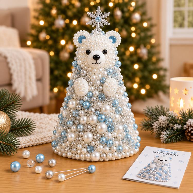 DIY beaded bear tree decoration with blue and white beads and snowflake star top