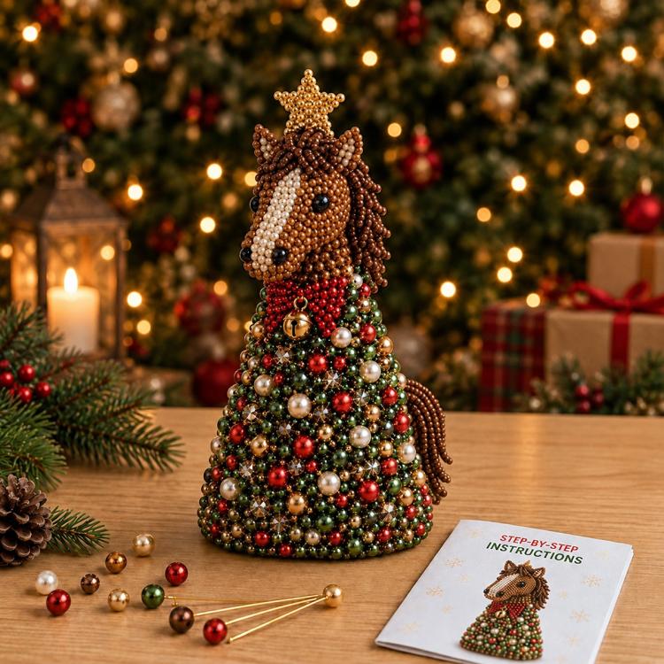 DIY beaded animal tree decoration with brown beads, gold star top and round face