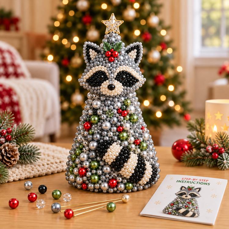 Beaded penguin craft tree decoration with gold star topper and green red bead accents