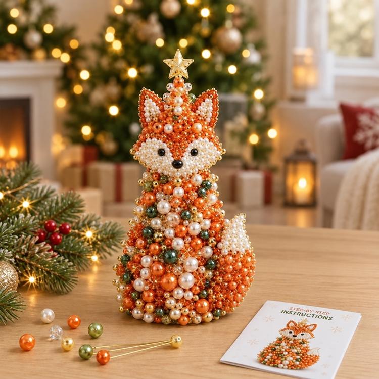 Beaded fox craft tree decoration with gold star topper and orange white bead details
