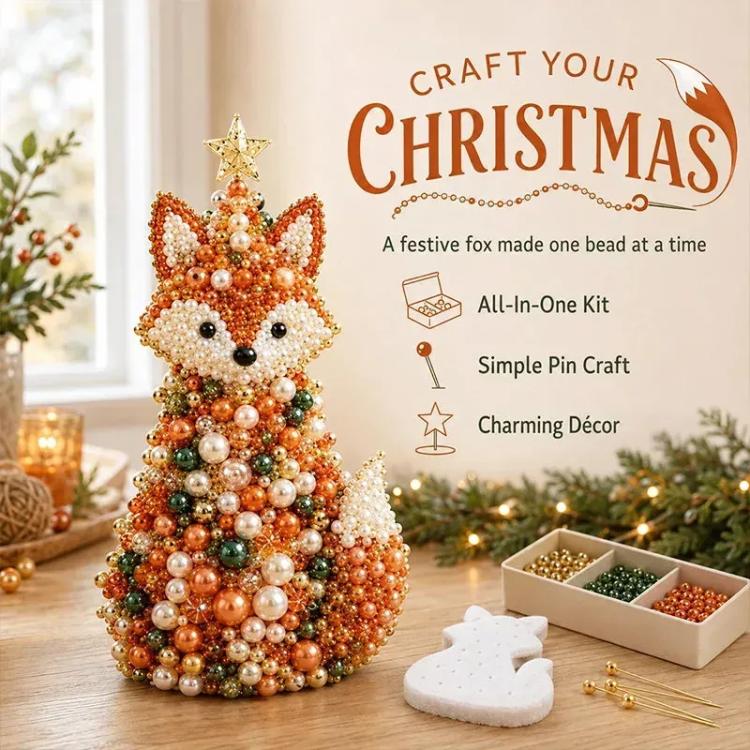 Christmas fox beading craft kit with instruction card and finished bead tree decoration