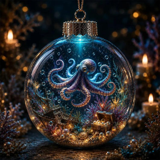 Round crystal PET ornament with octopus inside, gold cap, and hanging chain