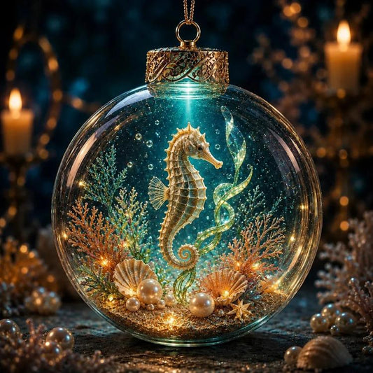 Round crystal PET ornament with seahorse inside, gold cap, and hanging chain