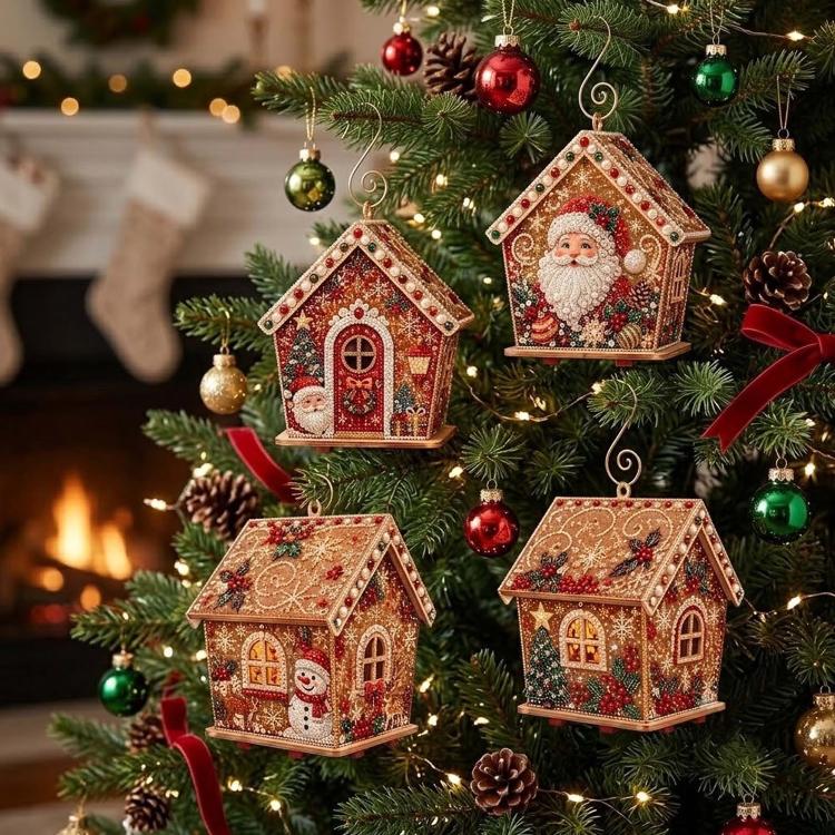 Beaded house ornaments with Santa, hanging on a Christmas tree