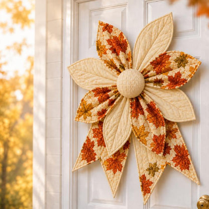 Patchwork quilted bow with orange and cream leaf petals and padded fabric center