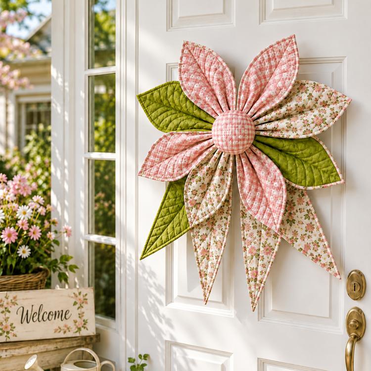 Quilted bow wall decor with pink floral petals, green leaves, and round fabric center