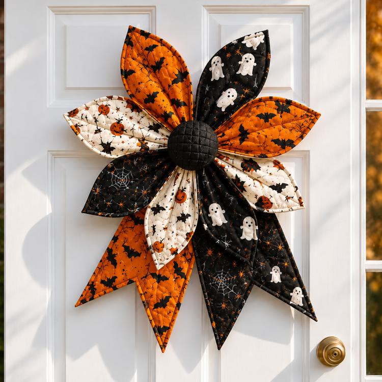 Quilted bow with black, orange, and white patchwork petals with Halloween motifs