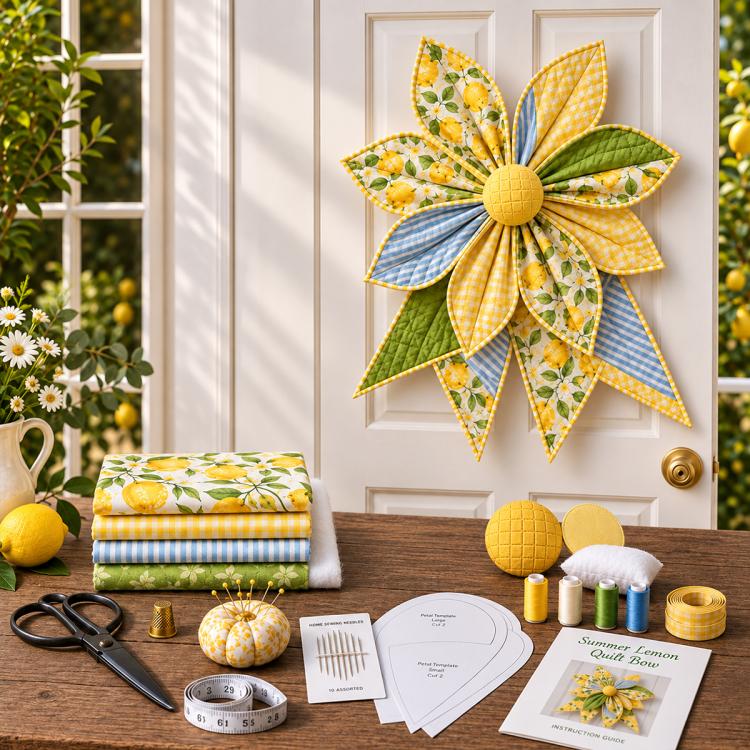 Quilted bow wall decor with yellow, blue, and green floral star petals and round center