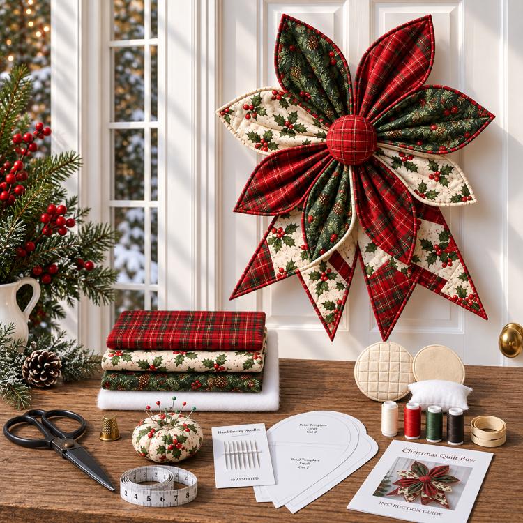 Quilted bow with red plaid and green floral patchwork petals and round fabric center