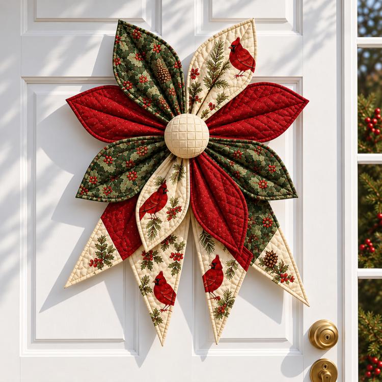 Quilted bow with red and green floral leaf petals, cream accents, and round padded center
