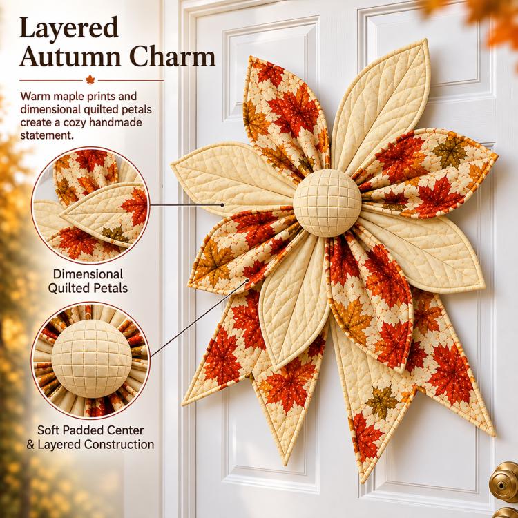 Patchwork quilted bow with orange and cream leaf petals and textured padded center
