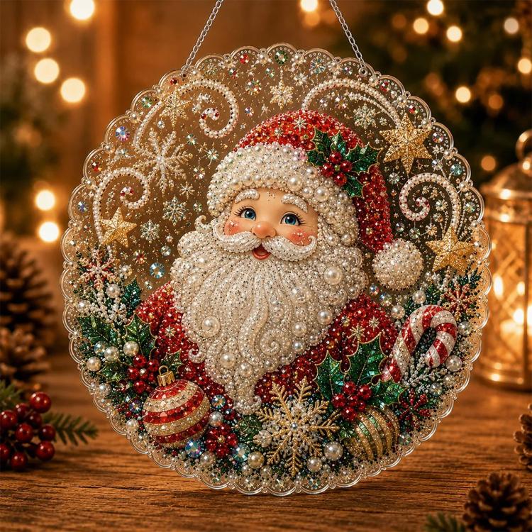 Hanging diamond art ornament: Santa face with pearls, red accents, and hanging chain