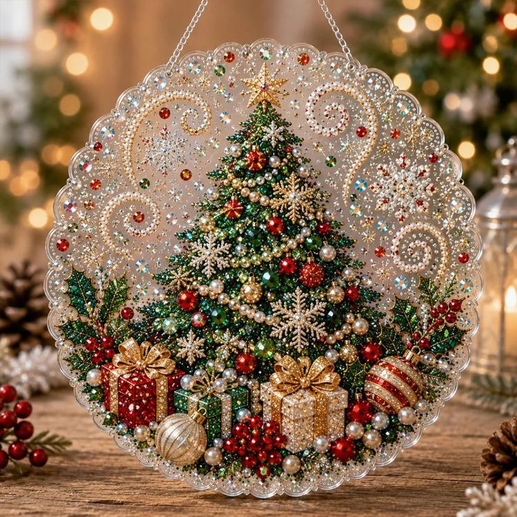 Hanging diamond art ornament: decorated Christmas tree with presents, garlands, and pearls