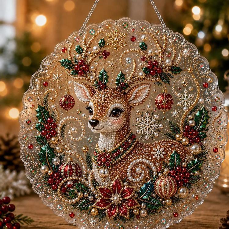 Hanging diamond art ornament: reindeer face with holly leaves, baubles, and glittering border