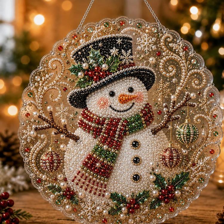 Hanging diamond art Christmas ornament with Santa and ornate beaded frame