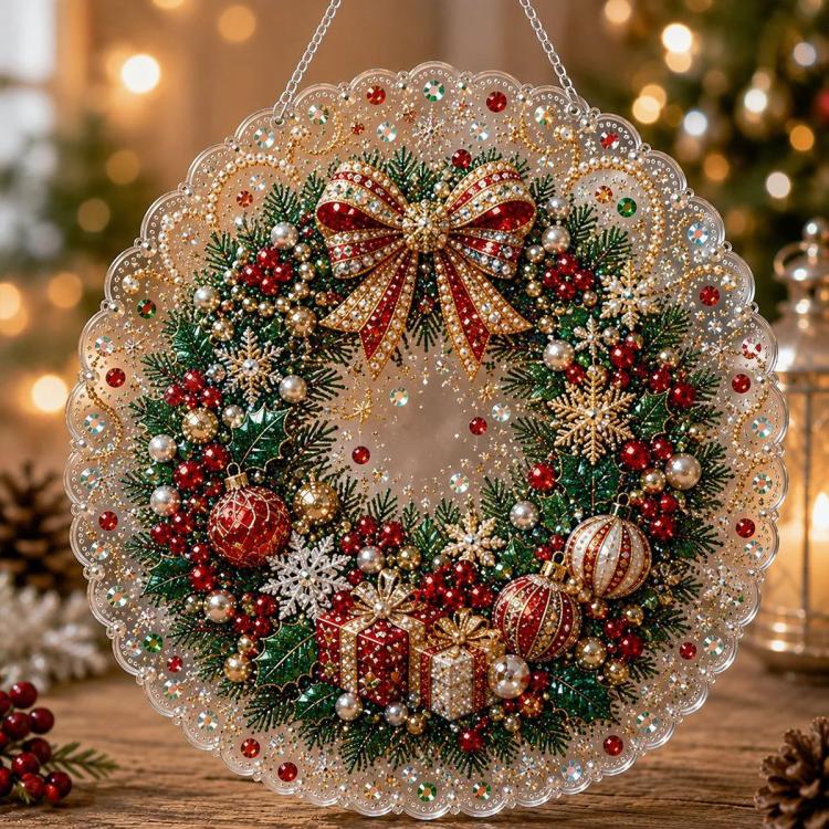 Hanging diamond art ornament: evergreen wreath with ornaments, snowflakes, and gold accents