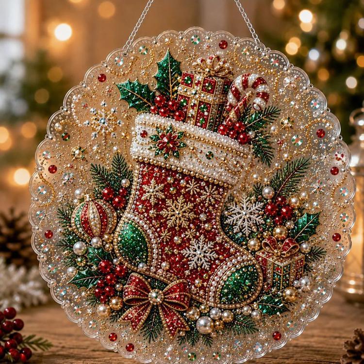 Hanging diamond art ornament: embellished stocking with baubles, snowflakes, and pearl details