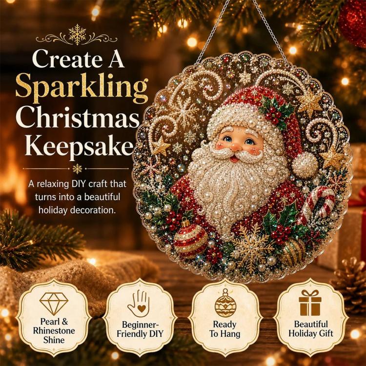 Christmas diamond art hanging ornament kit featuring Santa in jeweled wreath frame