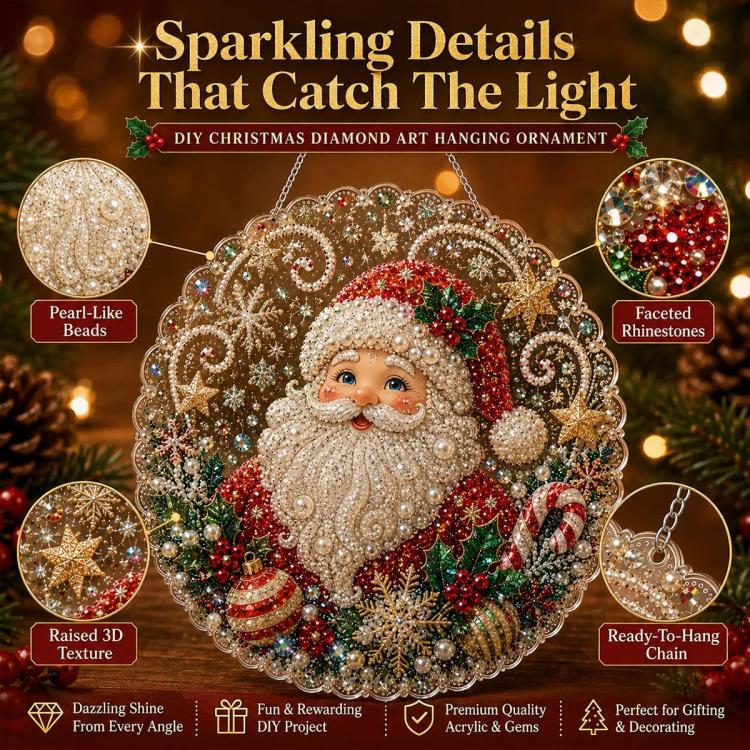 Diamond art hanging ornament kit with ready-to-hang chain and Santa design