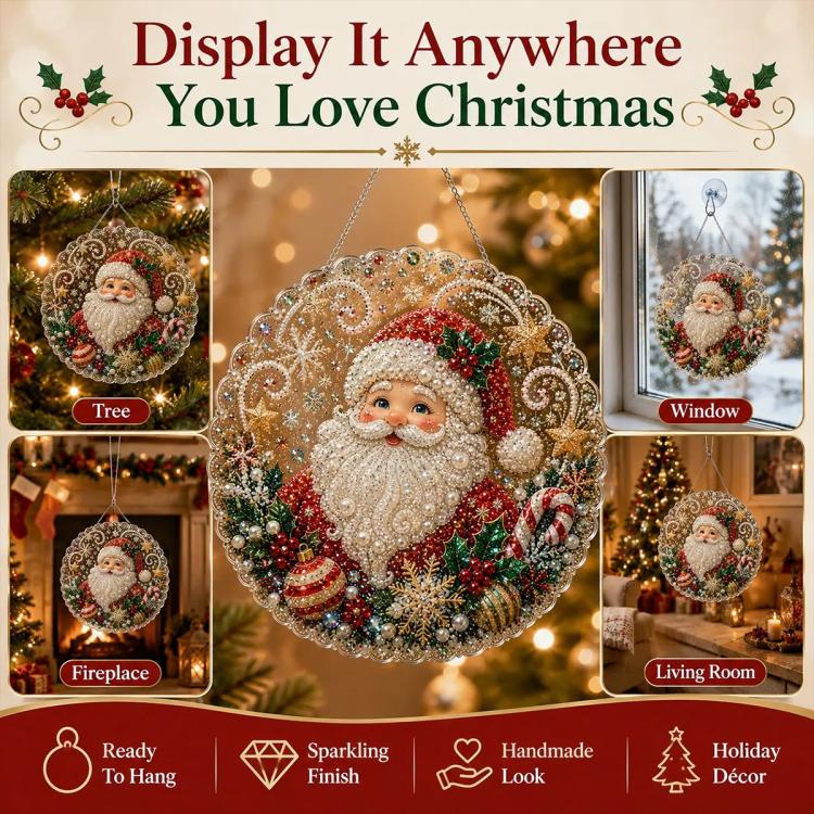 Hanging diamond art ornament with Santa face and red-and-green wreath border