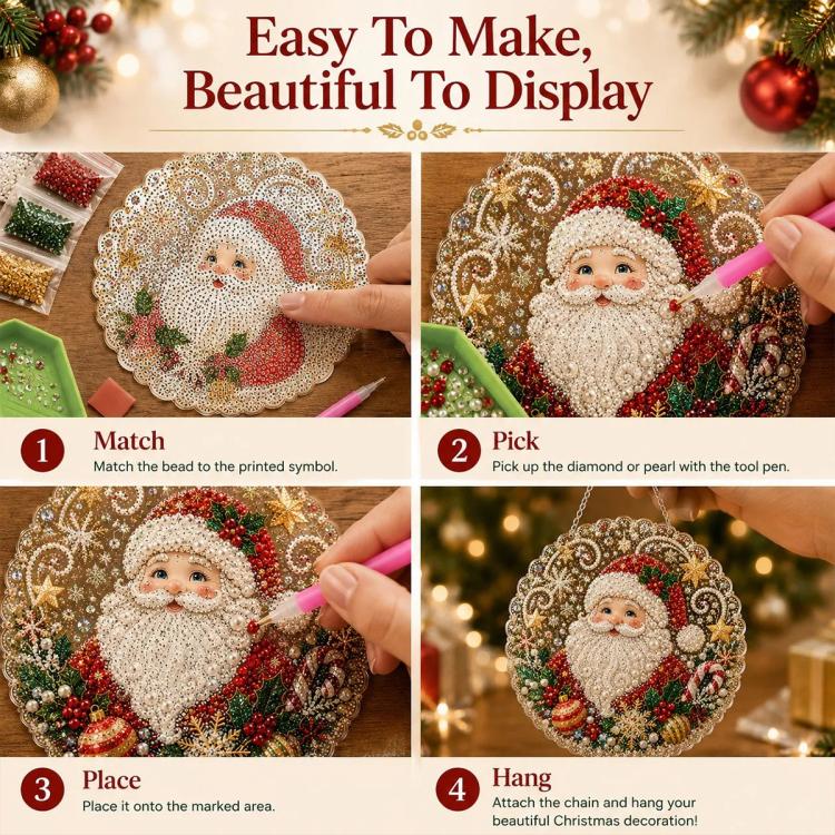 Diamond art ornament kit step showing beads placed on Santa wreath design