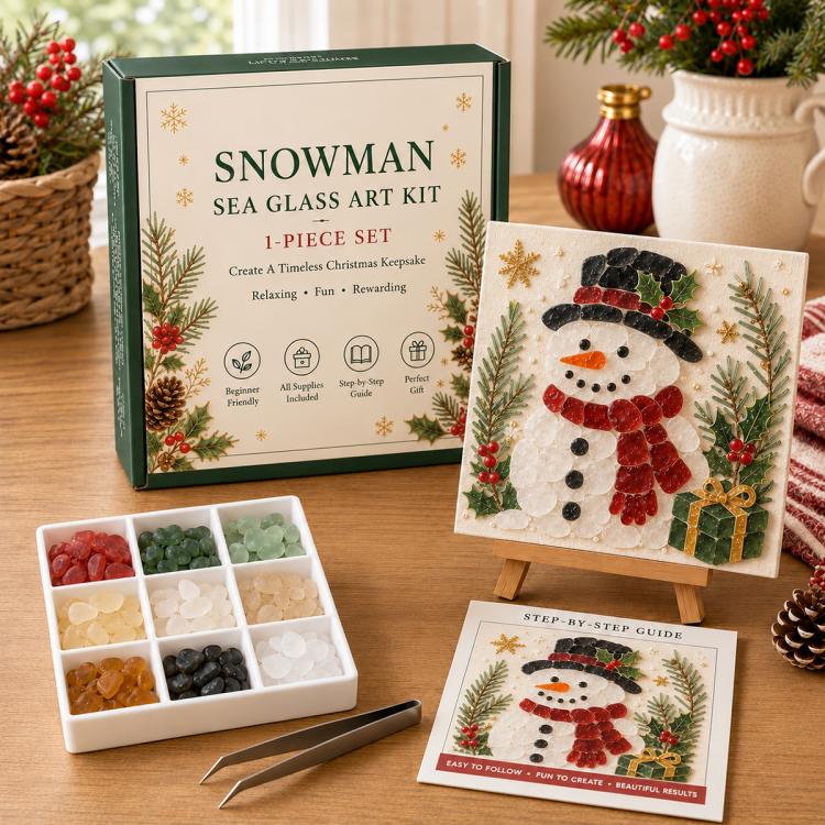 Snowman sea glass art kit with mosaic card, guide, and colored tile tray