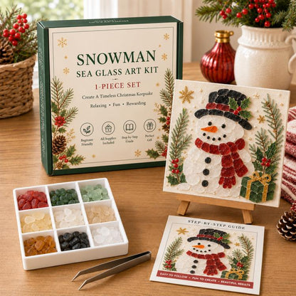 Snowman sea glass art kit with mosaic card, guide, and colored tile tray