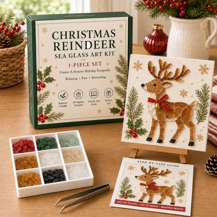 Reindeer sea glass art kit with mosaic card, guide, and colored tile tray