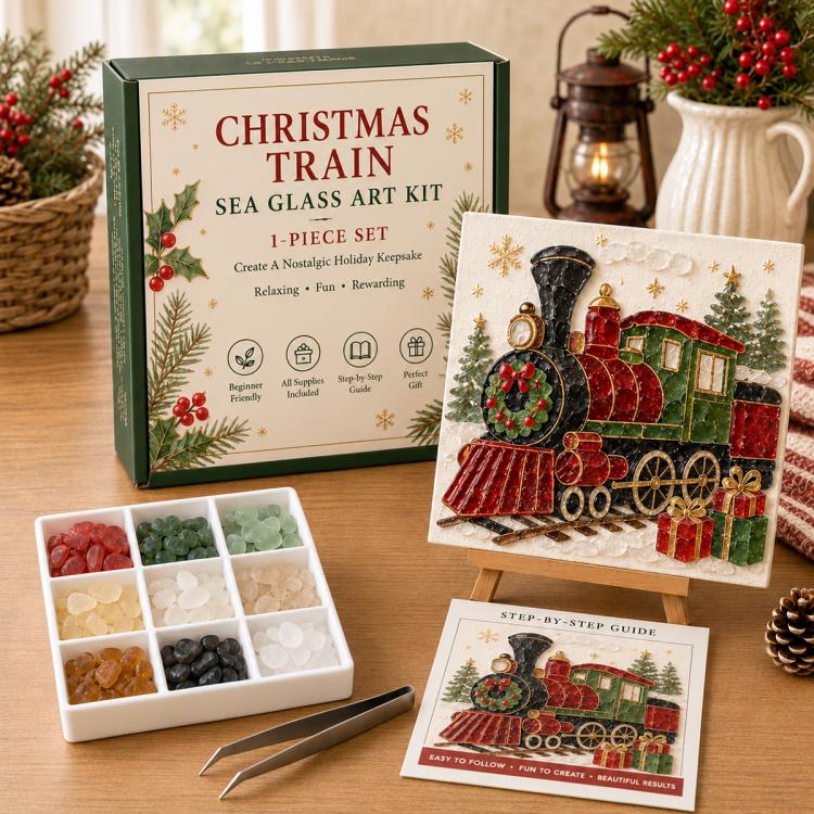 Christmas train sea glass art kit with mosaic card, guide, and colored tile tray