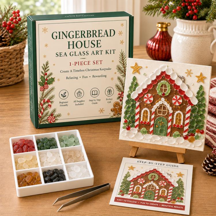 Gingerbread house sea glass art kit with mosaic card, guide, and colored tile tray