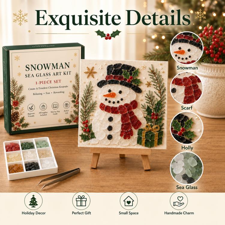 Snowman sea glass art kit with finished mosaic card and colored tile tray